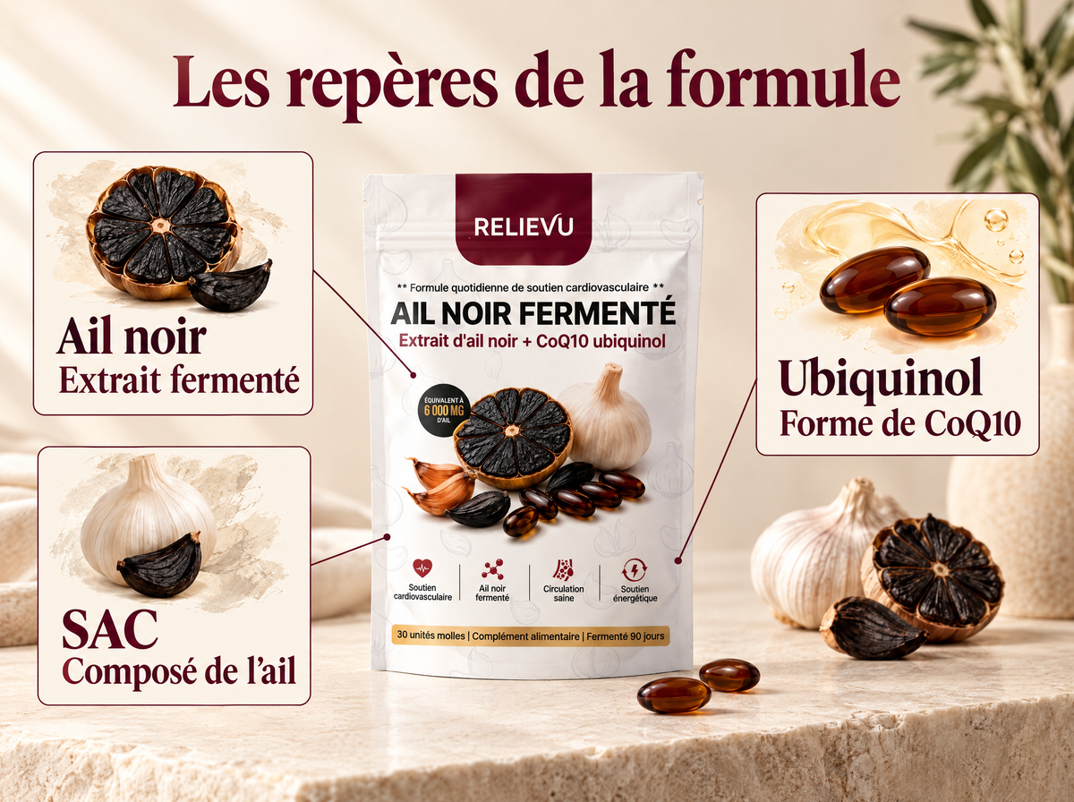 Ail noir fermenté et CoQ10 ubiquinol : infographie de la formule et du format.