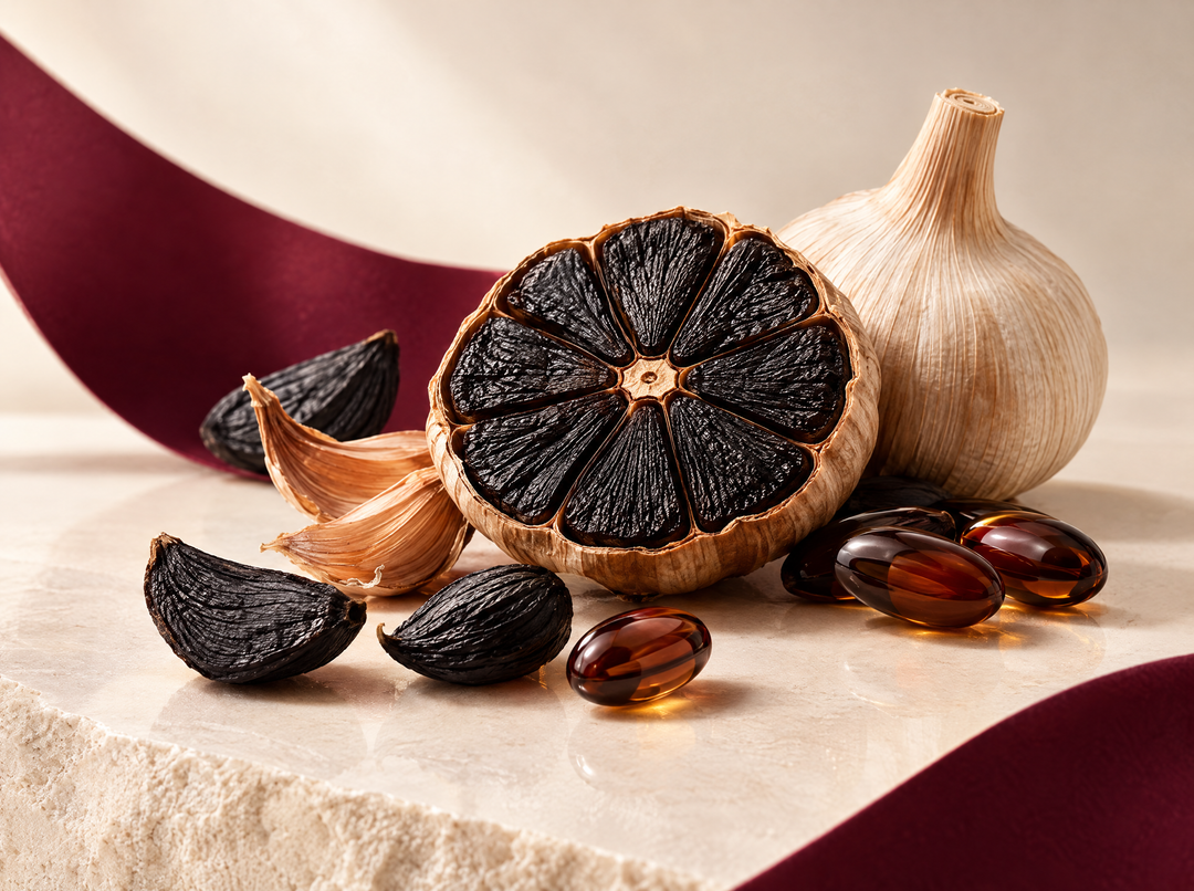 Ail noir fermenté et CoQ10 ubiquinol — Ail noir fermenté, composition abstraite.