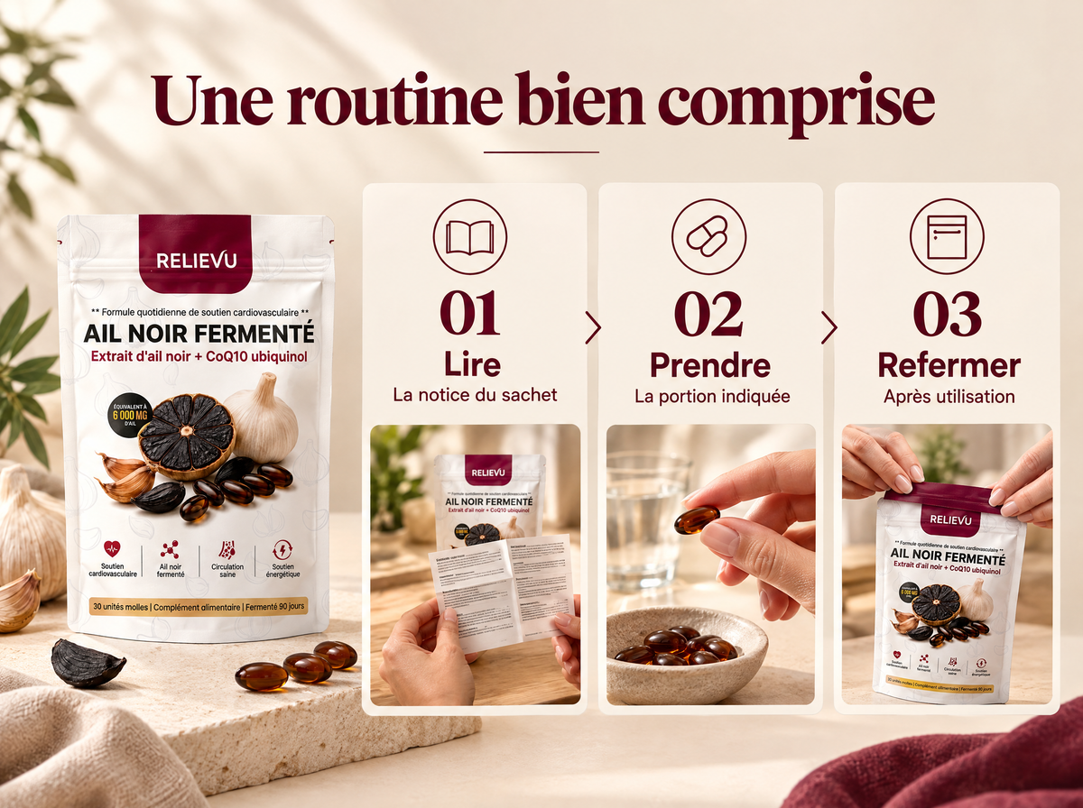 Ail noir fermenté et CoQ10 ubiquinol : Lire ; La notice du sachet ; Prendre ; La portion indiquée ; Refermer ; Après utilisation.