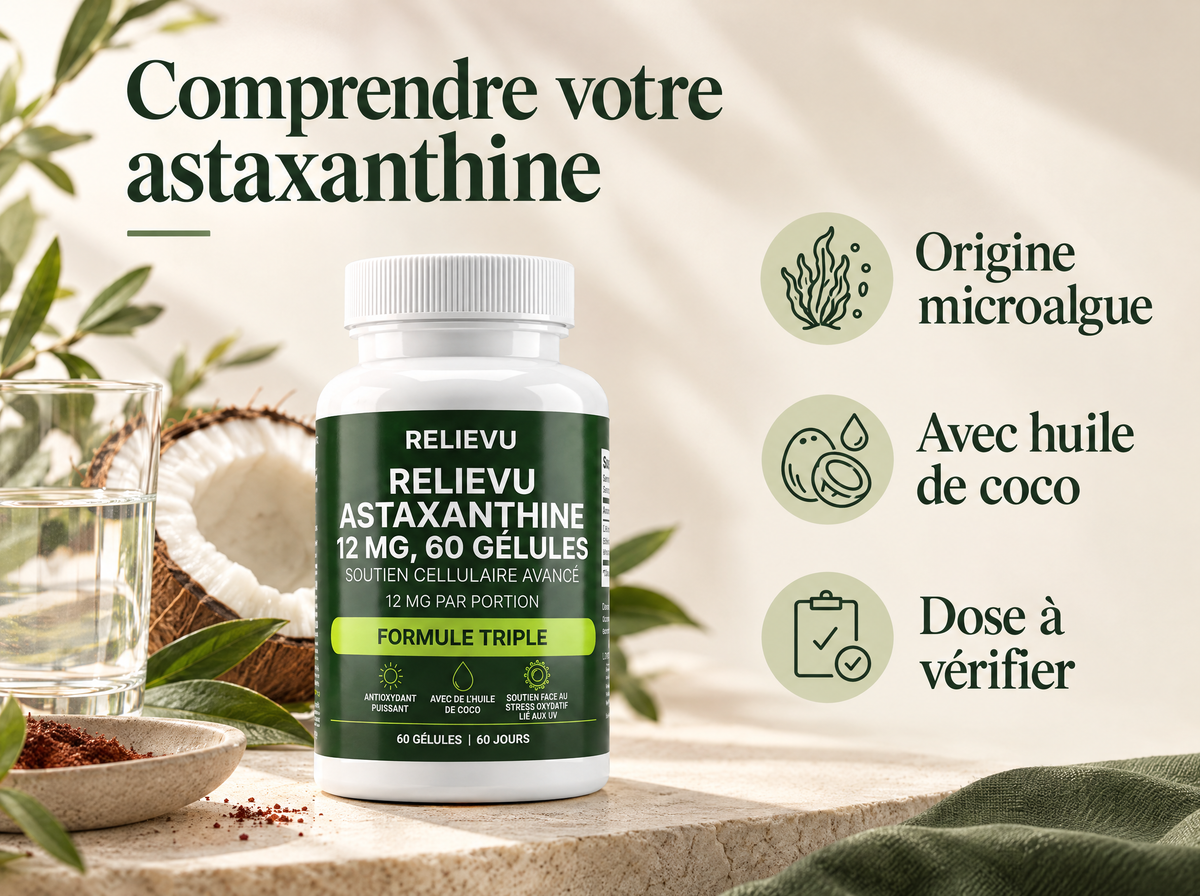 Astaxanthine 12 mg : Origine microalgue, Avec huile de coco, Dose à vérifier.