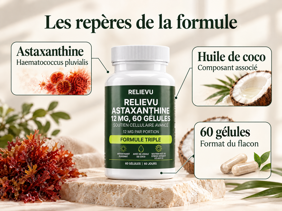 Astaxanthine 12 mg : infographie de la formule et du format.