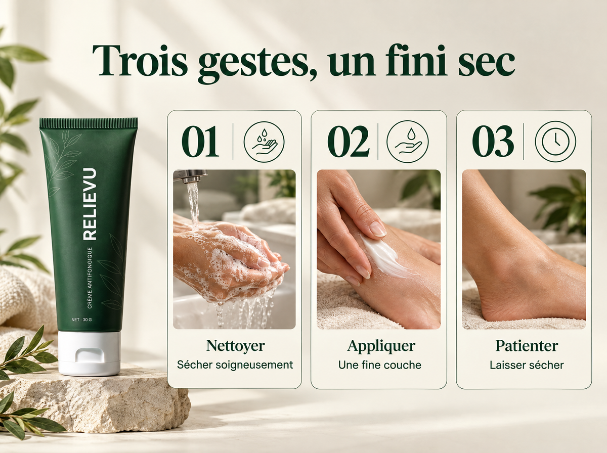 Crème antifongique barrière : Nettoyer ; Sécher soigneusement ; Appliquer ; Une fine couche ; Patienter ; Laisser sécher.