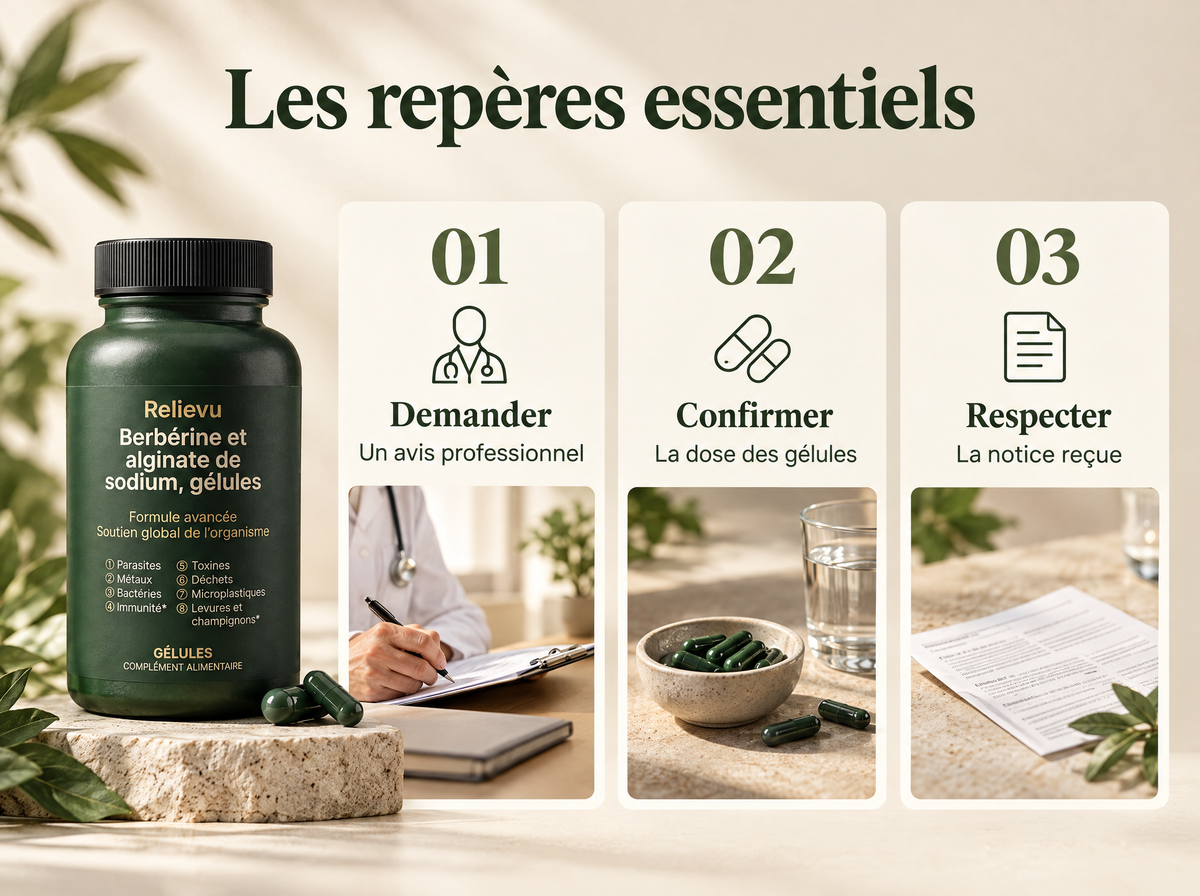 Berbérine et alginate de sodium : Demander ; Un avis professionnel ; Confirmer ; La dose des gélules ; Respecter ; La notice reçue.