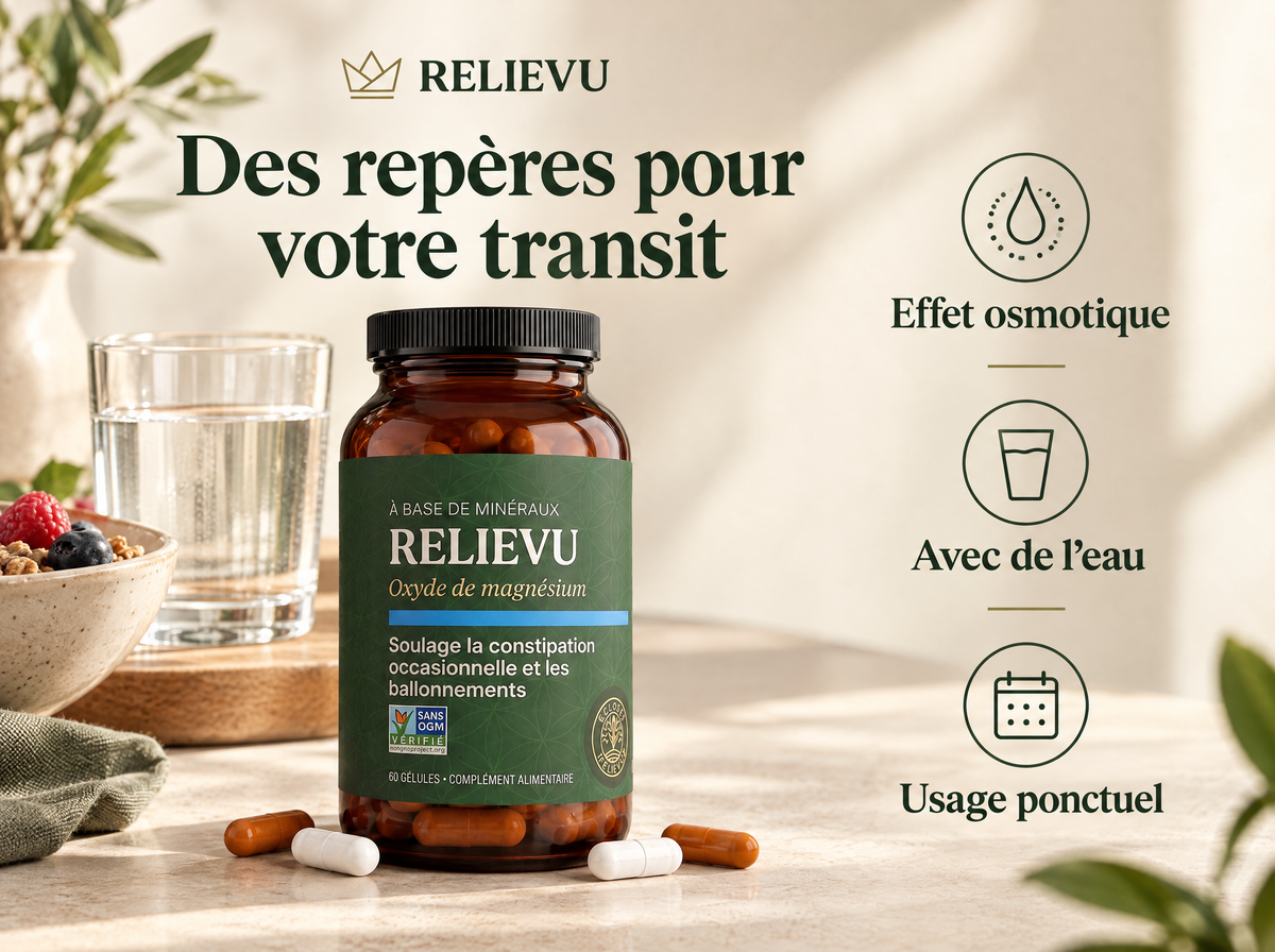 BowelRelief · Oxyde de magnésium : Effet osmotique, Avec de l’eau, Usage ponctuel.