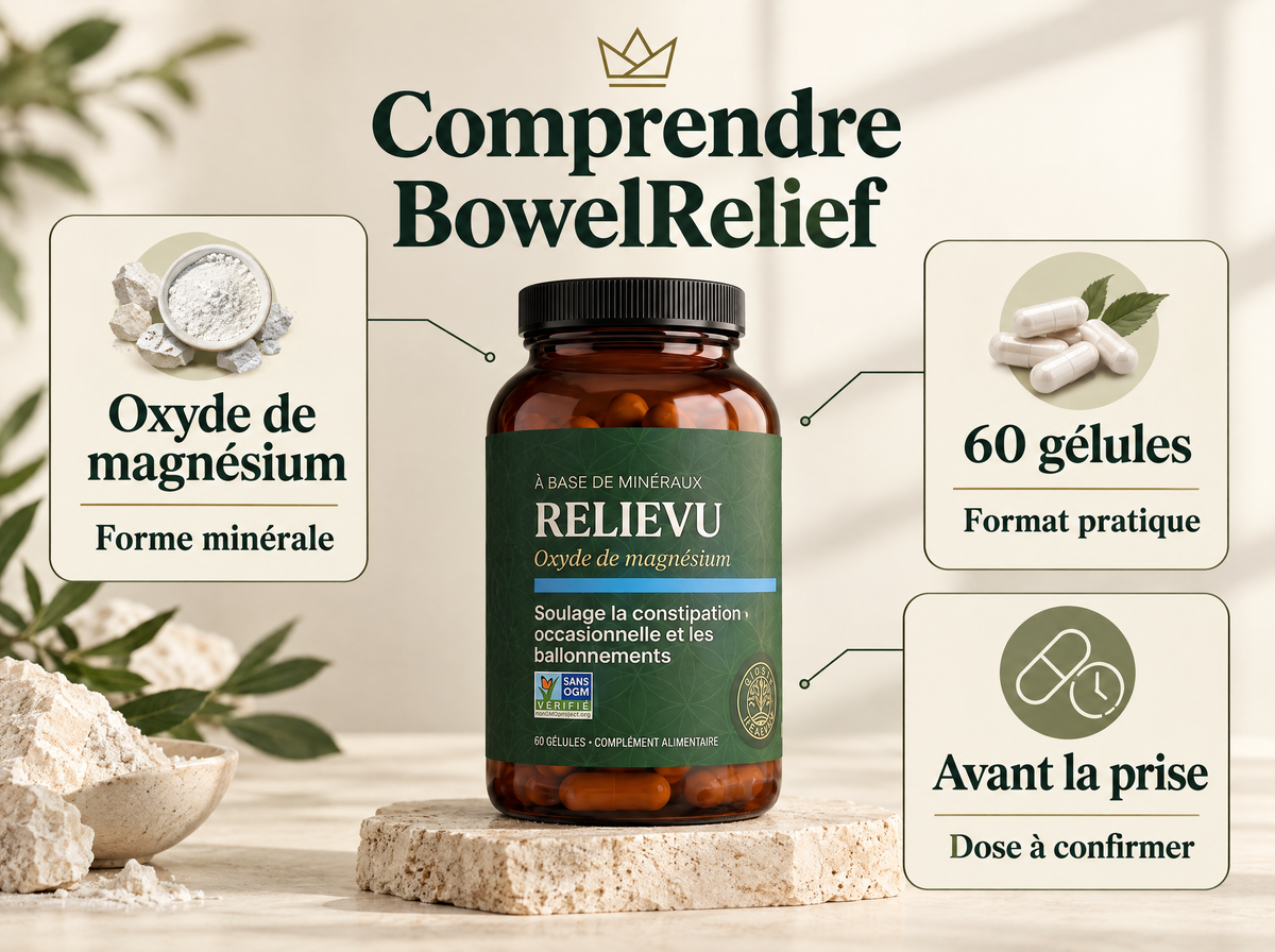 BowelRelief · Oxyde de magnésium : infographie de la formule et du format.