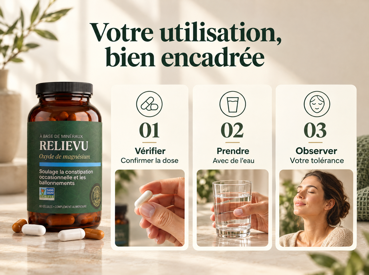 BowelRelief · Oxyde de magnésium : Vérifier ; Confirmer la dose ; Prendre ; Avec de l’eau ; Observer ; Votre tolérance.