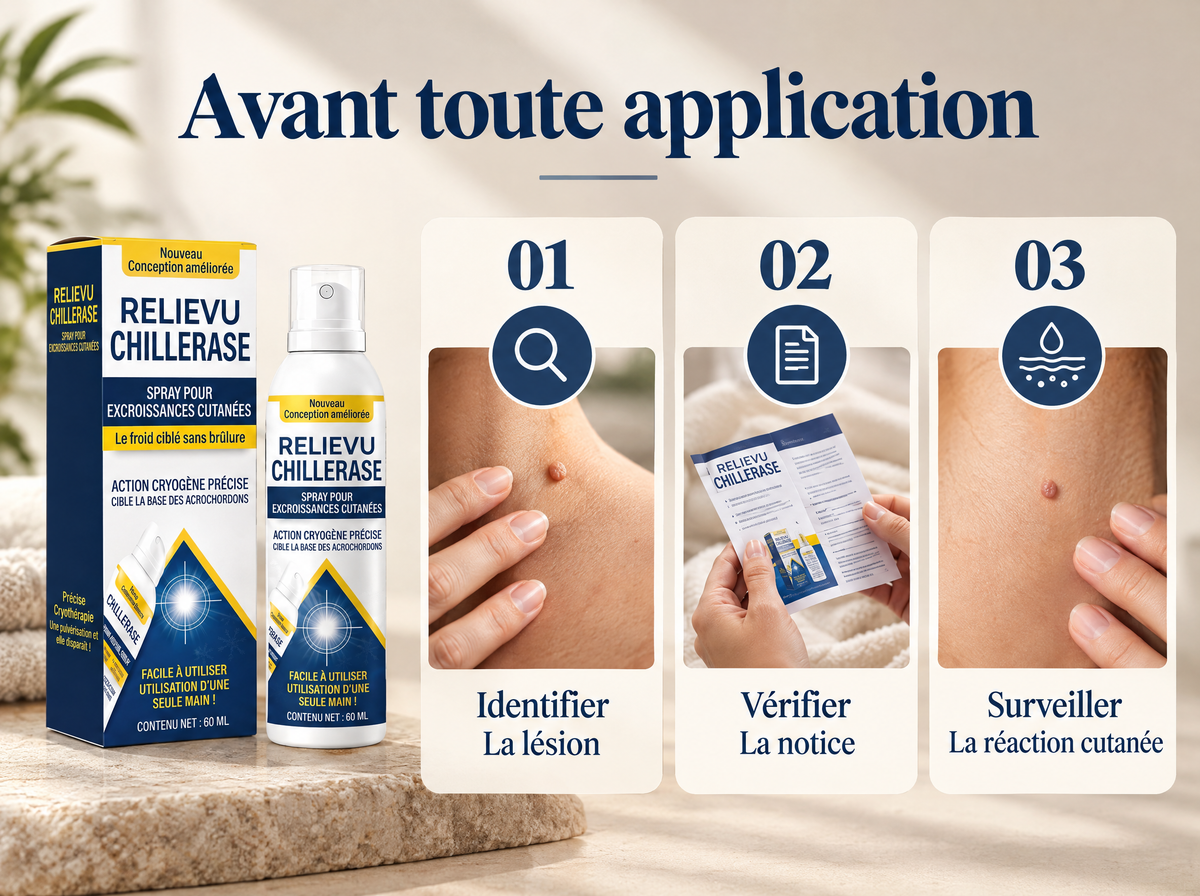 ChillErase, spray de précision : Identifier ; La lésion ; Vérifier ; La notice ; Surveiller ; La réaction cutanée.