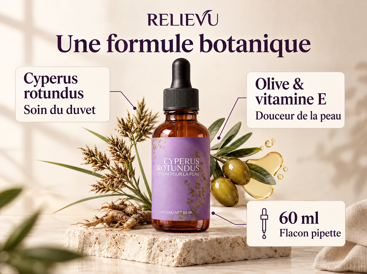 Sérum au Cyperus rotundus : infographie de la formule et du format.