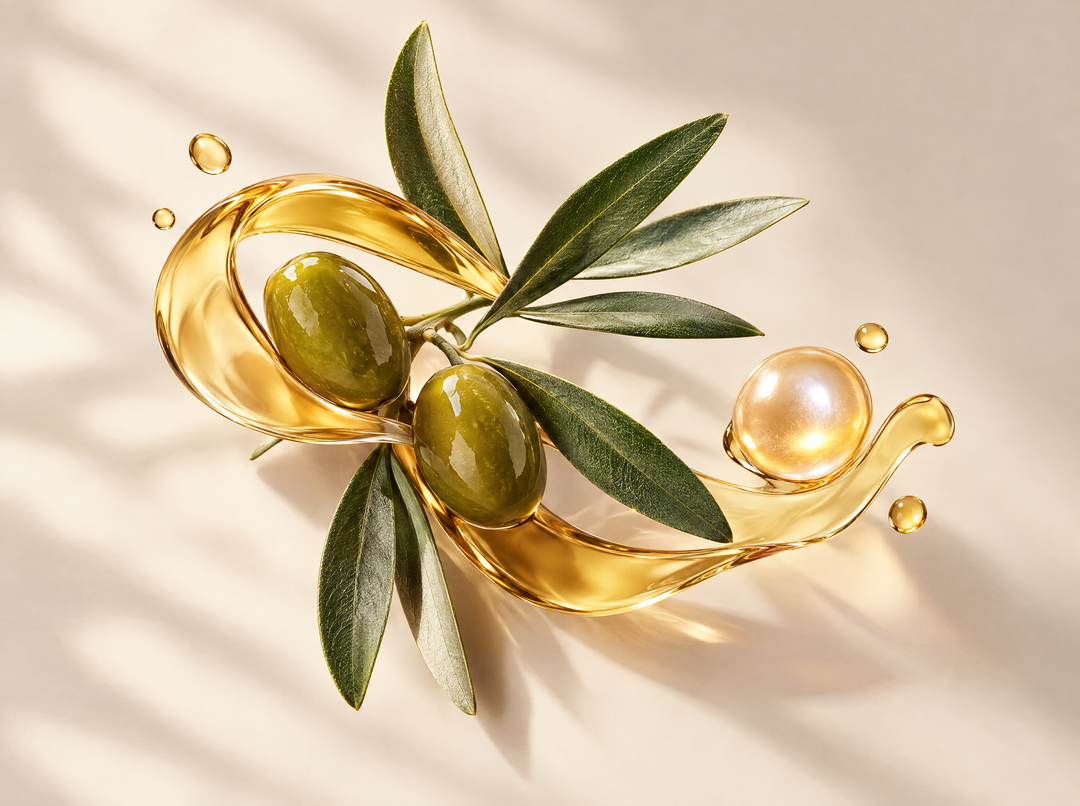 Sérum au Cyperus rotundus — Huile d’olive & vitamine E, composition abstraite.