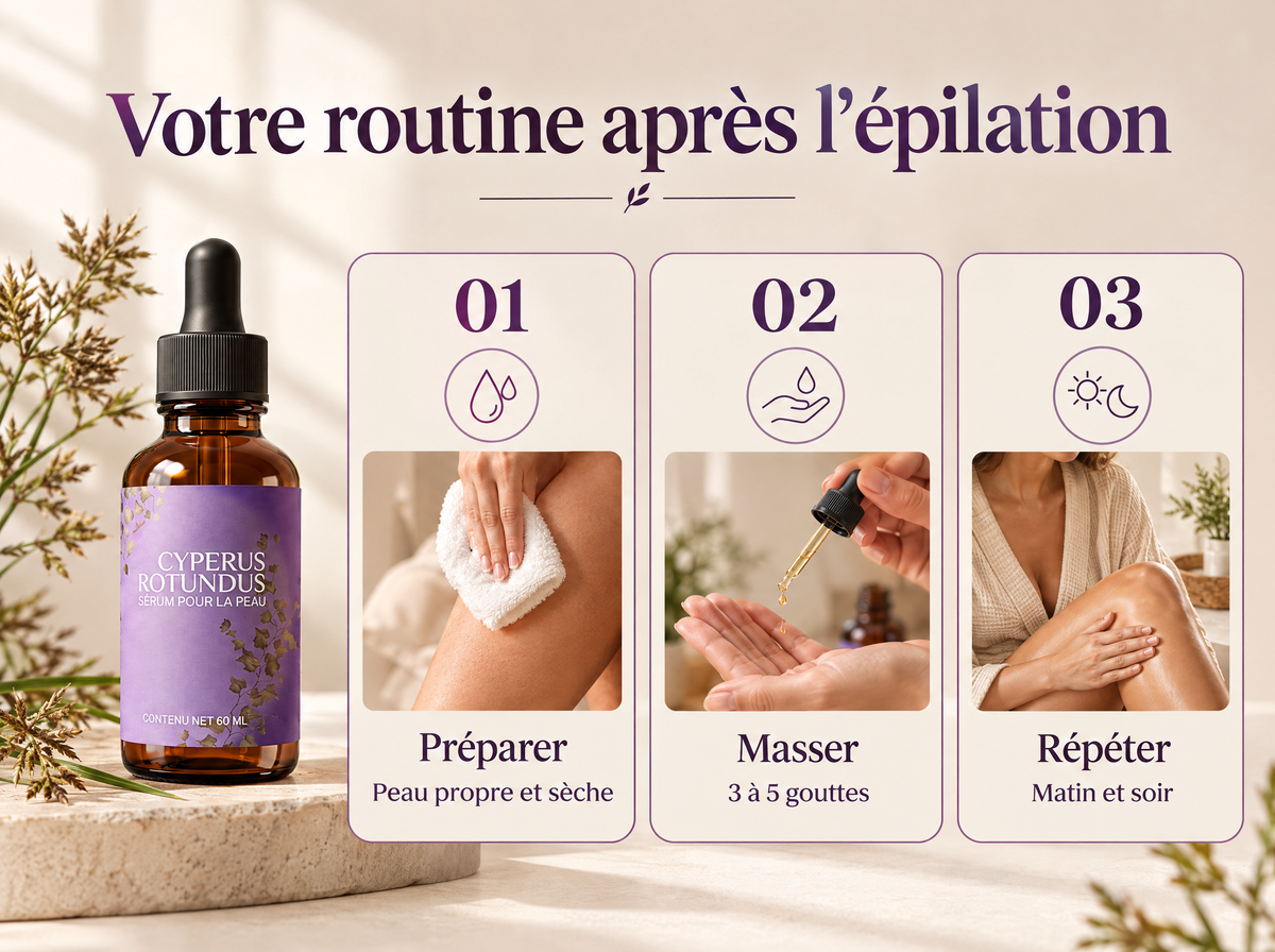 Sérum au Cyperus rotundus : Préparer ; Peau propre et sèche ; Masser ; 3 à 5 gouttes ; Répéter ; Matin et soir.