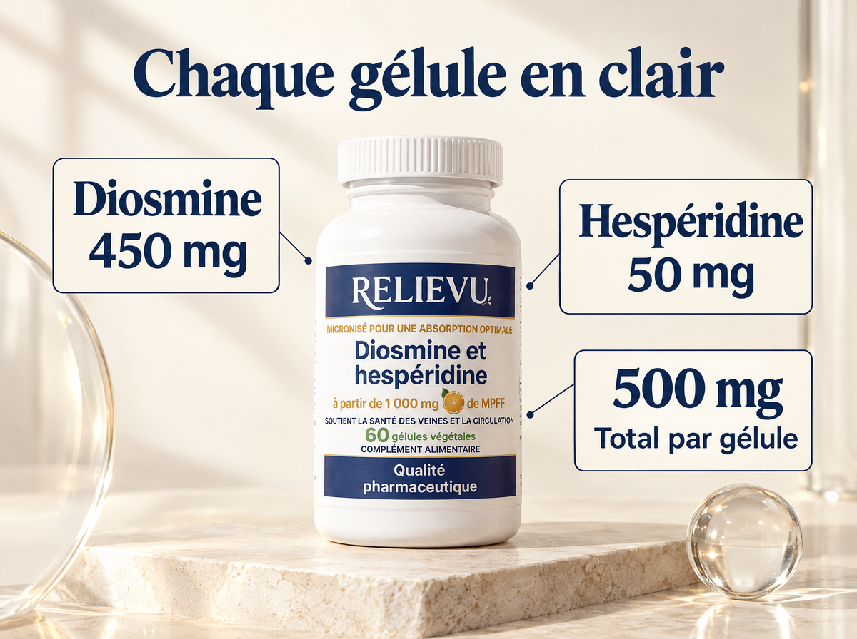 Diosmine et hespéridine : infographie de la formule et du format.