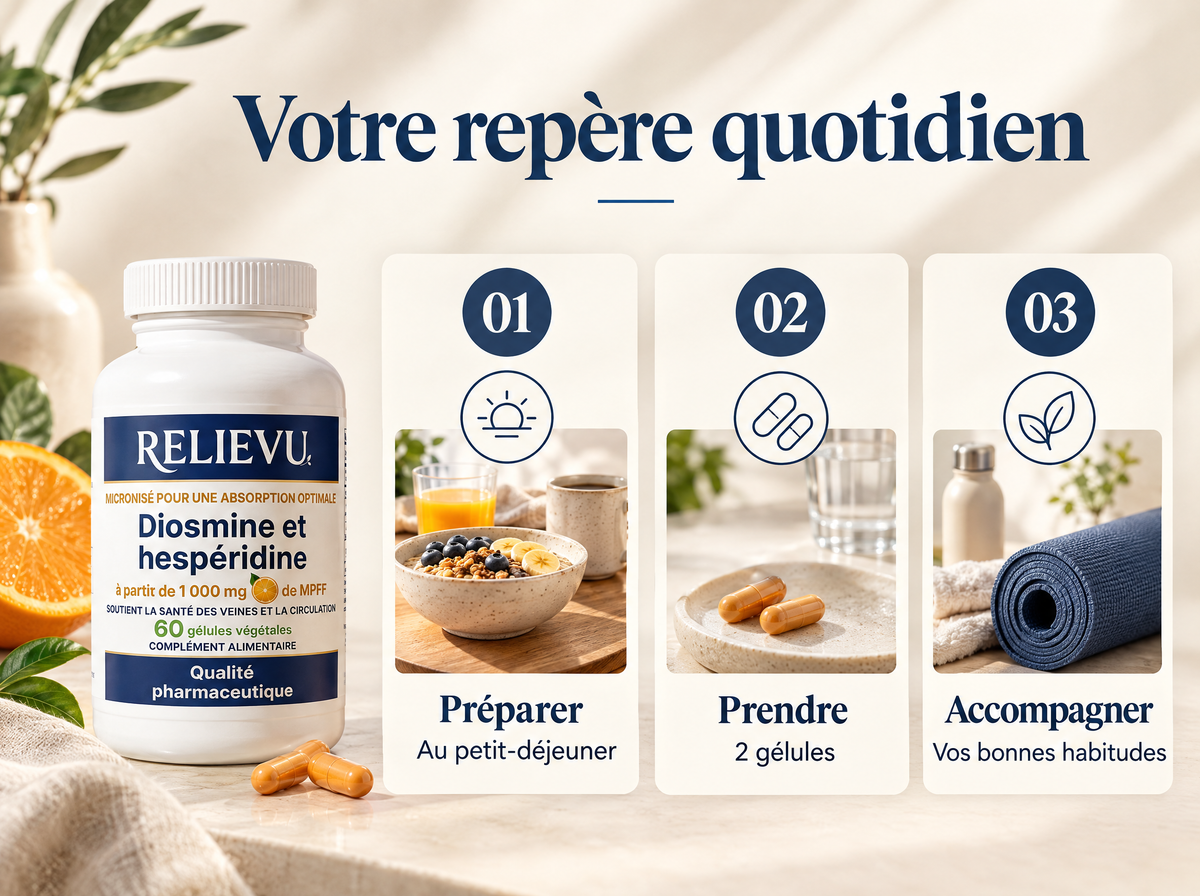 Diosmine et hespéridine : Préparer ; Au petit-déjeuner ; Prendre ; 2 gélules ; Accompagner ; Vos bonnes habitudes.