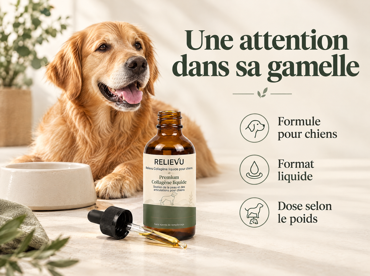 Collagène liquide pour chiens : Formule pour chiens, Format liquide, Dose selon le poids.