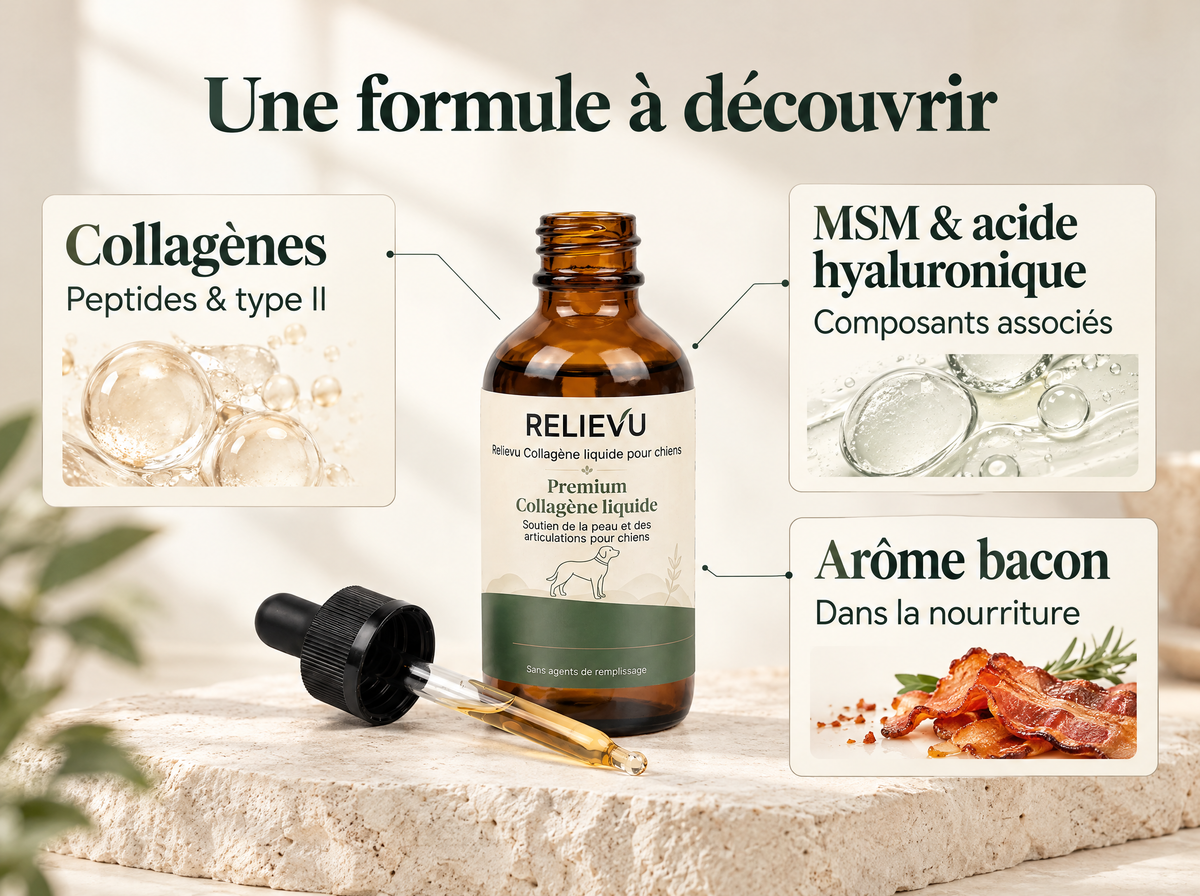 Collagène liquide pour chiens : infographie de la formule et du format.