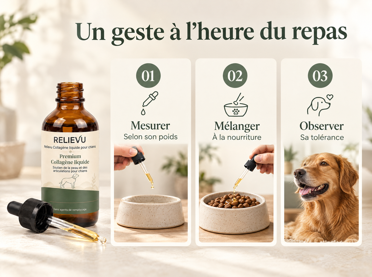 Collagène liquide pour chiens : Mesurer ; Selon son poids ; Mélanger ; À la nourriture ; Observer ; Sa tolérance.