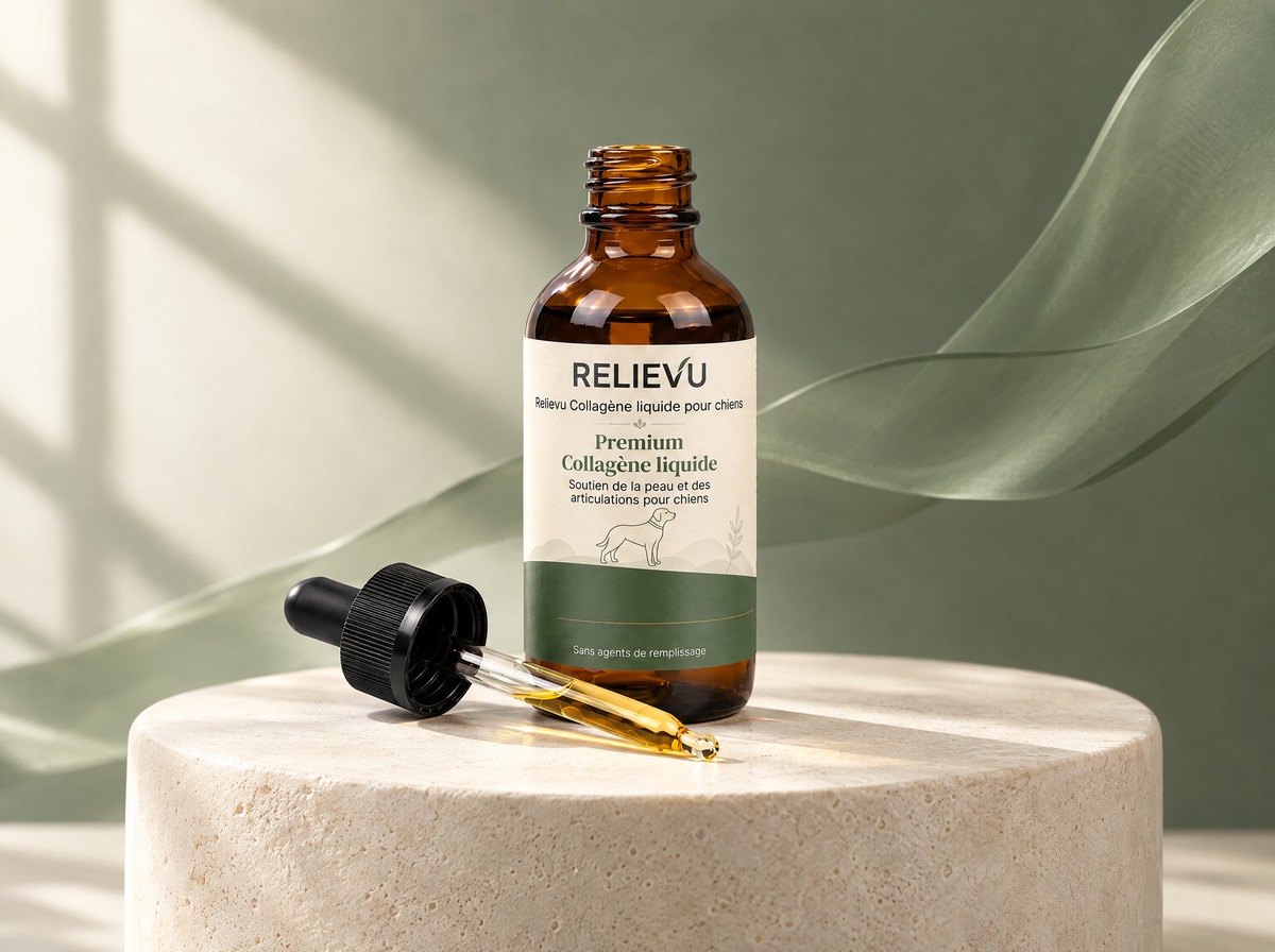 Collagène liquide pour chiens, présentation du produit Relievu.