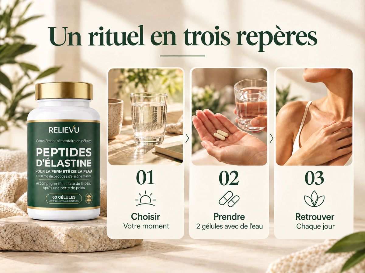 Elastine Peptides : Choisir ; Votre moment ; Prendre ; 2 gélules avec de l’eau ; Retrouver ; Chaque jour.