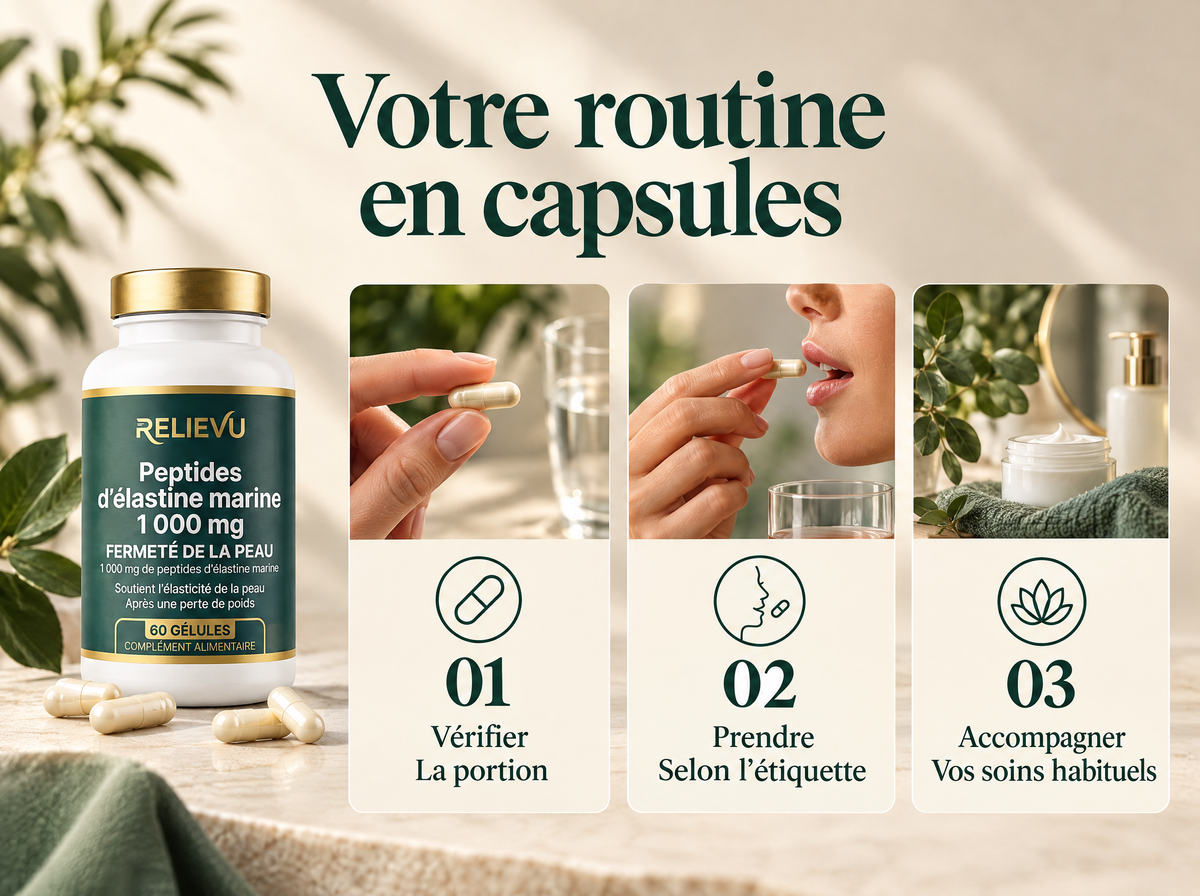 Peptides d’élastine marine : Vérifier ; La portion ; Prendre ; Selon l’étiquette ; Accompagner ; Vos soins habituels.
