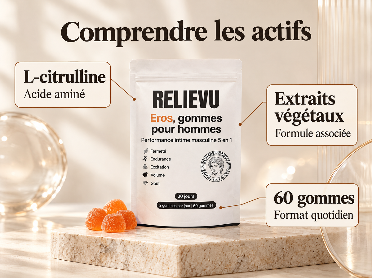 Eros, gommes pour hommes : infographie de la formule et du format.