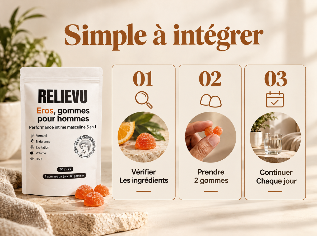 Eros, gommes pour hommes : Vérifier ; Les ingrédients ; Prendre ; 2 gommes ; Continuer ; Chaque jour.