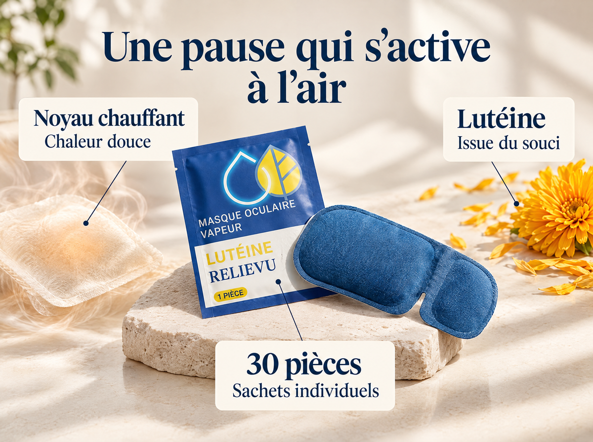 Patchs oculaires chauffants à la lutéine : infographie de la formule et du format.