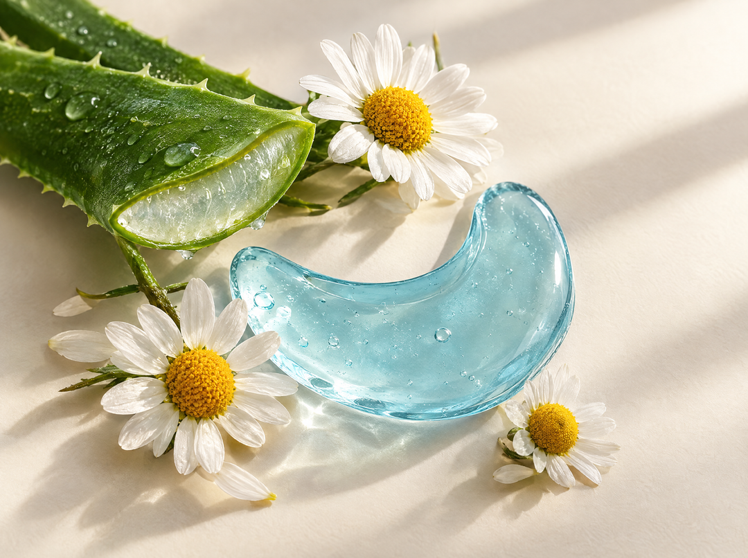 Patchs oculaires chauffants à la lutéine — Aloe vera & camomille, composition abstraite.