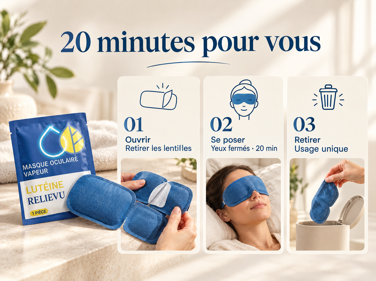 Patchs oculaires chauffants à la lutéine : Ouvrir ; Retirer les lentilles ; Se poser ; Yeux fermés · 20 min ; Retirer ; Usage unique.