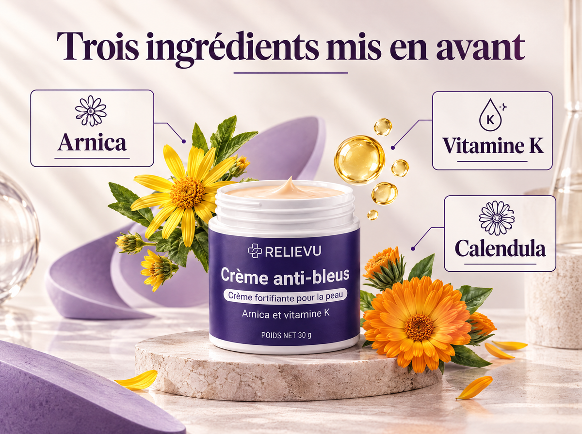 Crème à l'arnica et vitamine K — Trois ingrédients mis en avant ; Arnica ; Vitamine K ; Calendula