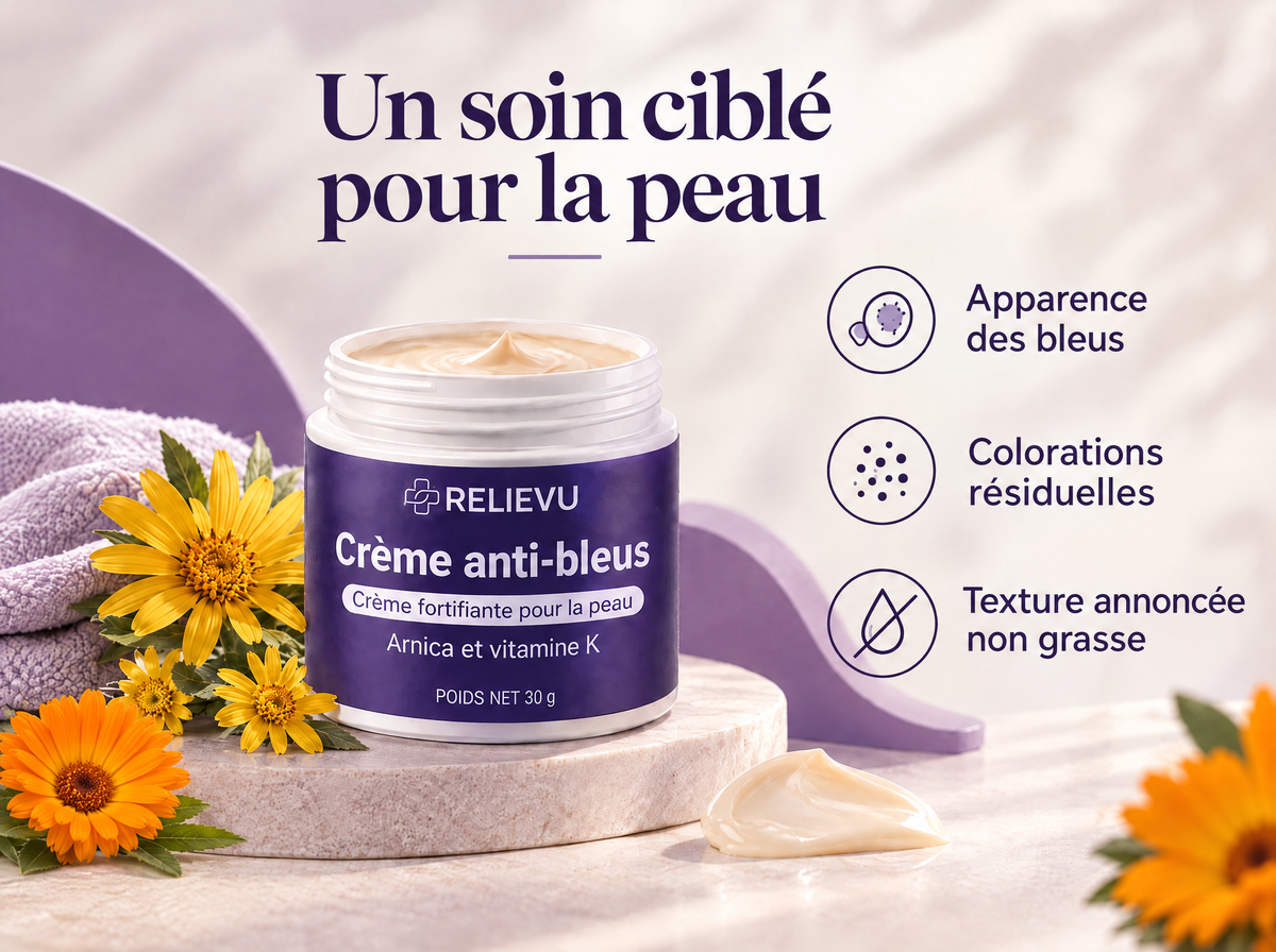 Crème à l'arnica et vitamine K — Un soin ciblé pour la peau ; Apparence des bleus ; Colorations résiduelles ; Texture annoncée non grasse
