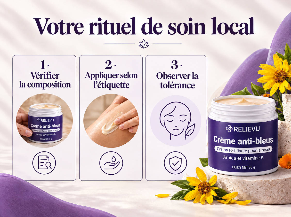 Crème à l'arnica et vitamine K — Votre rituel de soin local ; 1 · Vérifier la composition ; 2 · Appliquer selon l’étiquette ; 3 · Observer la tolérance