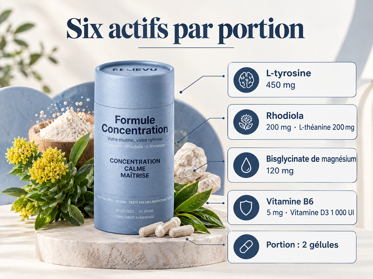 L-tyrosine, rhodiola et L-théanine — Six actifs par portion ; L-tyrosine 450 mg ; Rhodiola 200 mg · L-théanine 200 mg ; Bisglycinate de magnésium 120 mg ; Vitamine B6 5 mg · Vitamine D3 1 000 UI ; Portion : 2 gélules