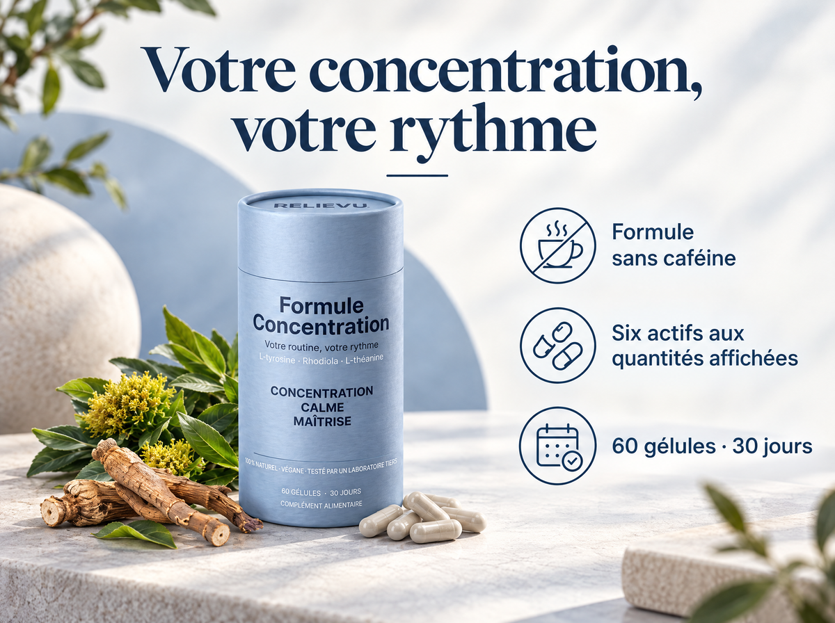 L-tyrosine, rhodiola et L-théanine — Votre concentration, votre rythme ; Formule sans caféine ; Six actifs aux quantités affichées ; 60 gélules · 30 jours