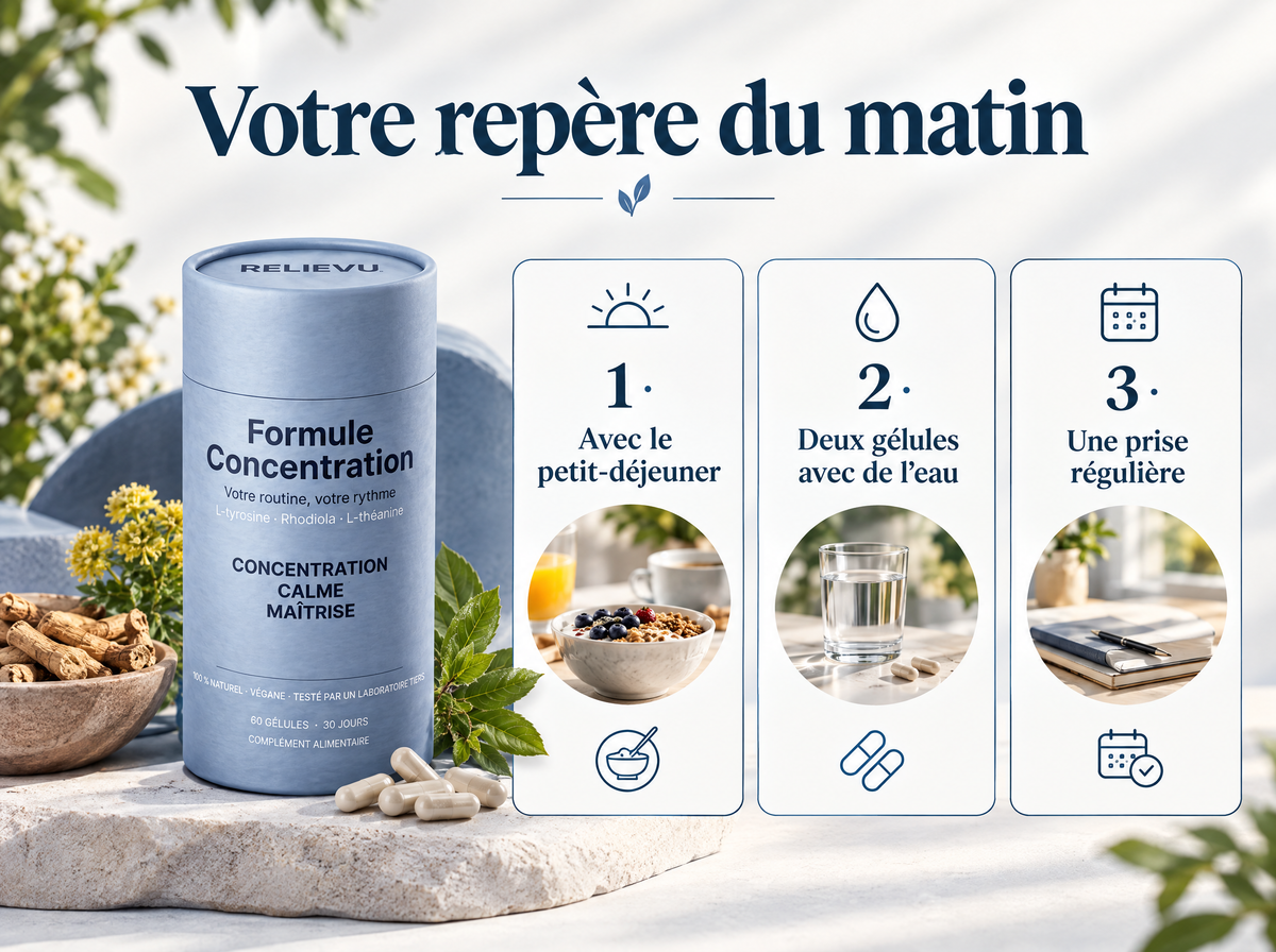 L-tyrosine, rhodiola et L-théanine — Votre repère du matin ; 1 · Avec le petit-déjeuner ; 2 · Deux gélules avec de l’eau ; 3 · Une prise régulière