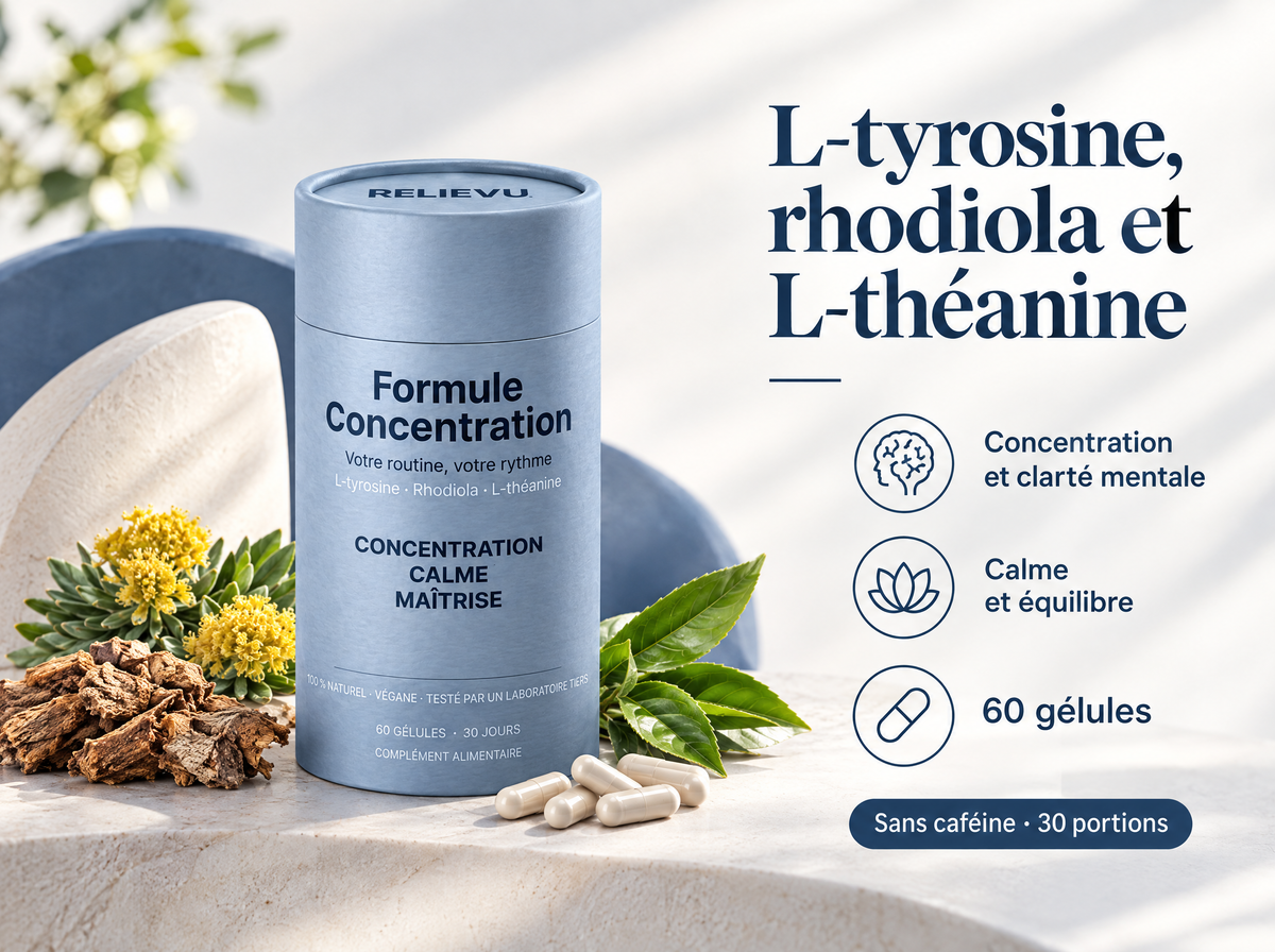 L-tyrosine, rhodiola et L-théanine — L-tyrosine, rhodiola et L-théanine ; 60 gélules ; Sans caféine · 30 portions