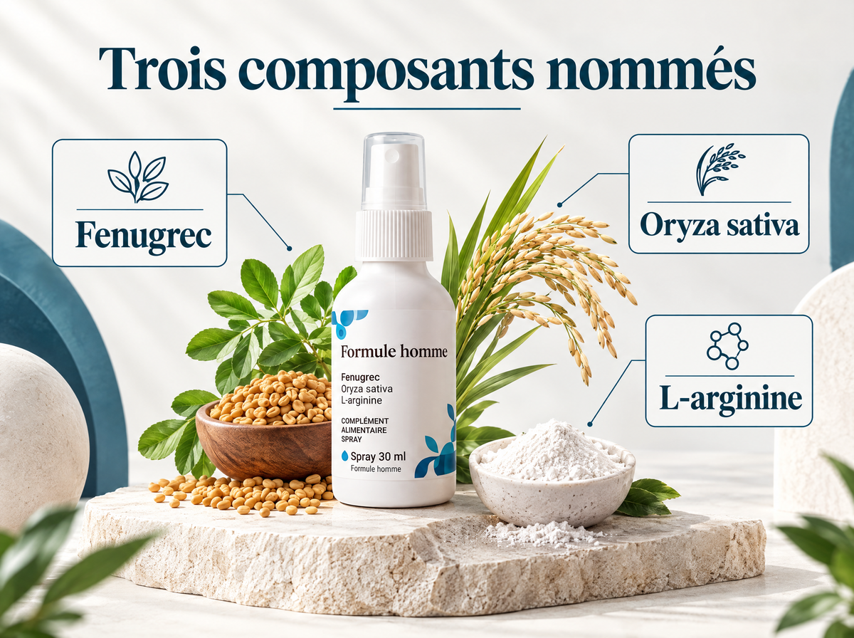 Spray fenugrec et L-arginine — Trois composants nommés ; Fenugrec ; Oryza sativa ; L-arginine