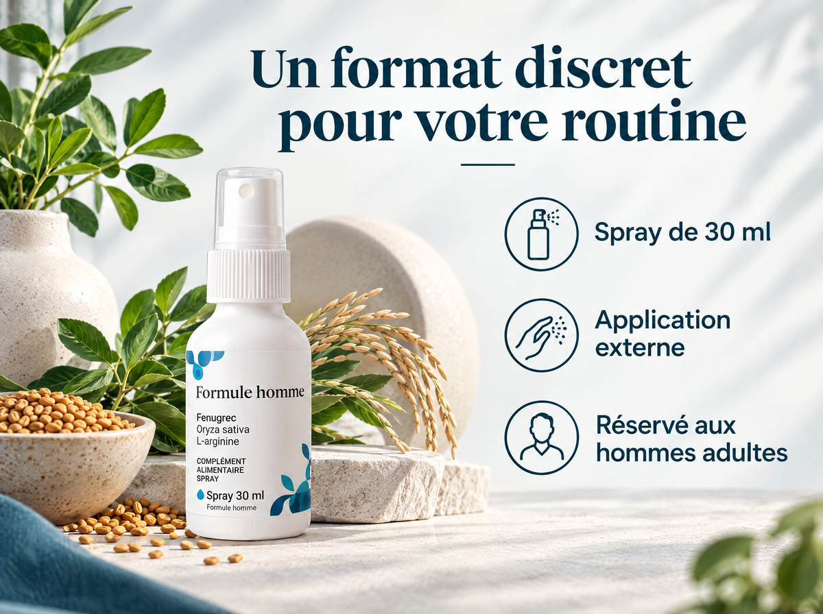 Spray fenugrec et L-arginine — Un format discret pour votre routine ; Spray de 30 ml ; Application externe ; Réservé aux hommes adultes
