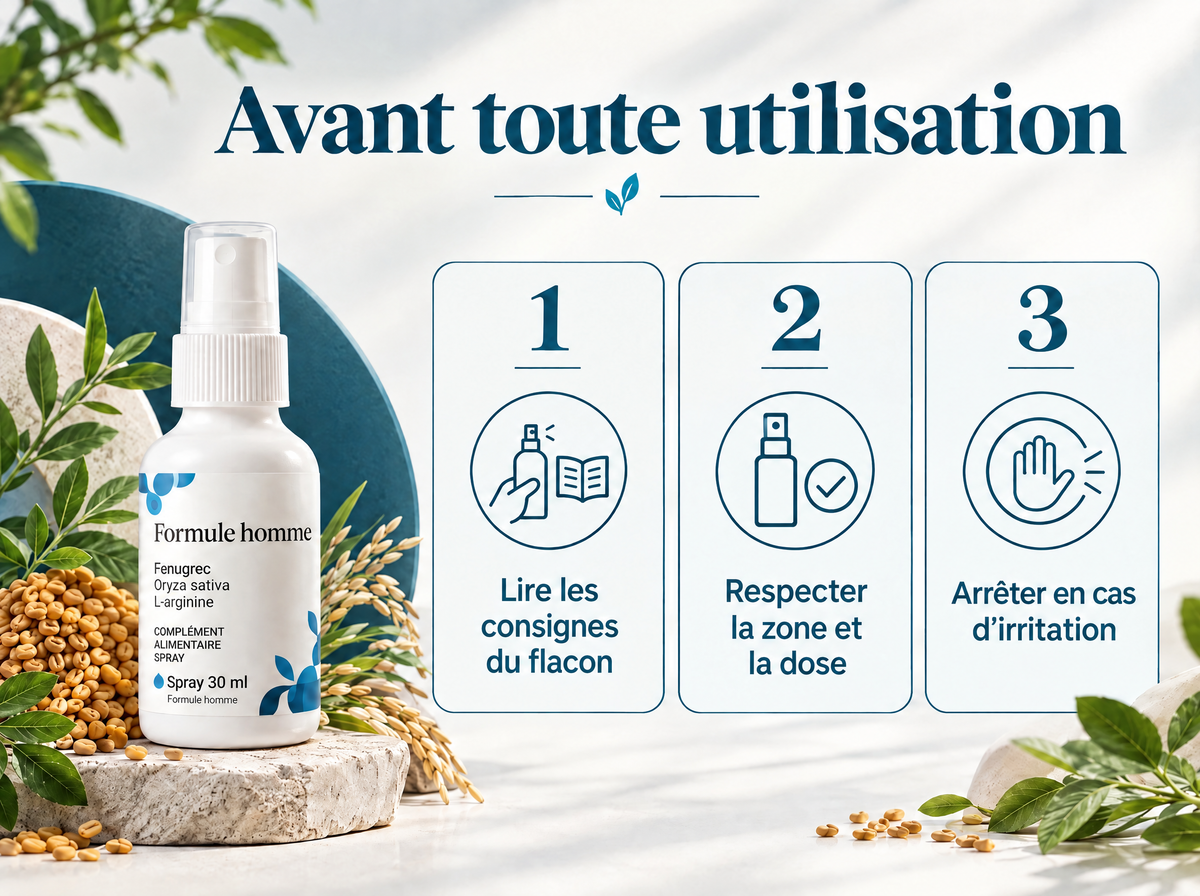 Spray fenugrec et L-arginine — Avant toute utilisation ; 1 · Lire les consignes du flacon ; 2 · Respecter la zone et la dose ; 3 · Arrêter en cas d’irritation
