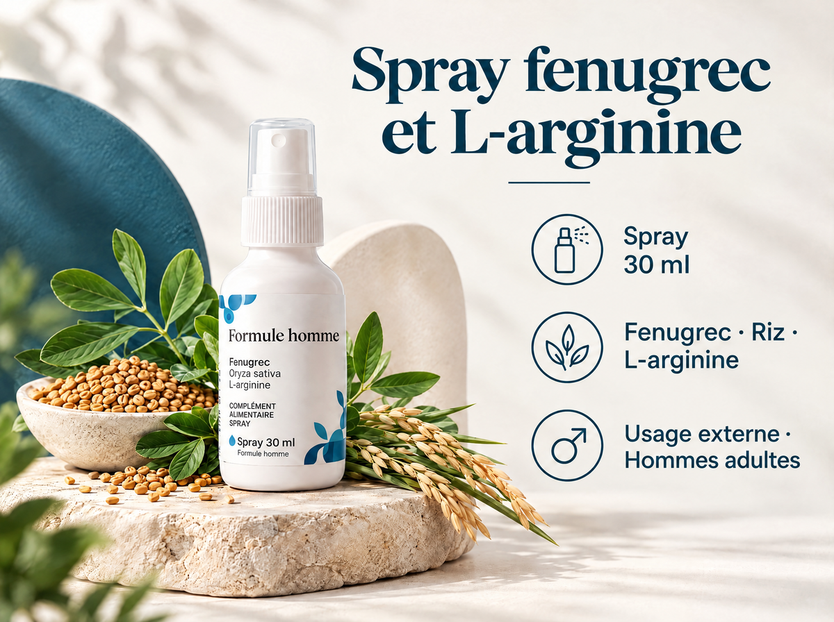 Spray fenugrec et L-arginine — Spray fenugrec et L-arginine ; 30 ml ; Usage externe · Hommes adultes