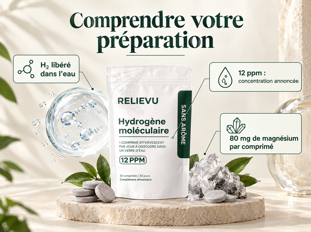 Hydrogène moléculaire 12 ppm — Comprendre votre préparation ; H₂ libéré dans l’eau ; 12 ppm : concentration annoncée ; 80 mg de magnésium par comprimé