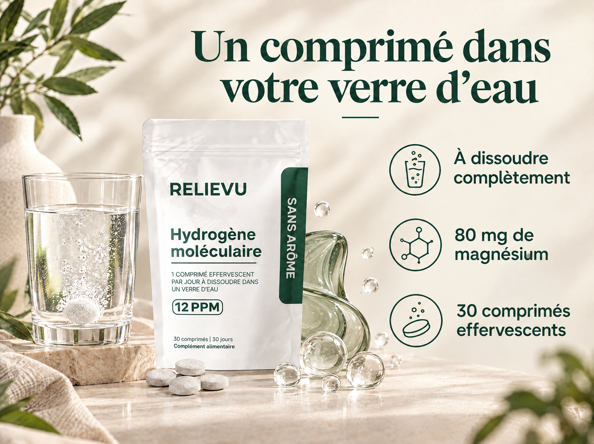Hydrogène moléculaire 12 ppm — Un comprimé dans votre verre d’eau ; À dissoudre complètement ; 80 mg de magnésium ; 30 comprimés effervescents