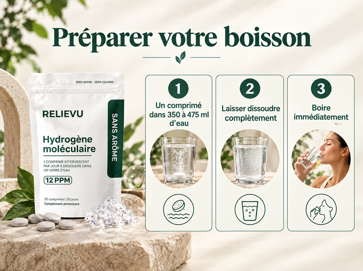 Hydrogène moléculaire 12 ppm — Préparer votre boisson ; 1 · Un comprimé dans 350 à 475 ml d’eau ; 2 · Laisser dissoudre complètement ; 3 · Boire immédiatement