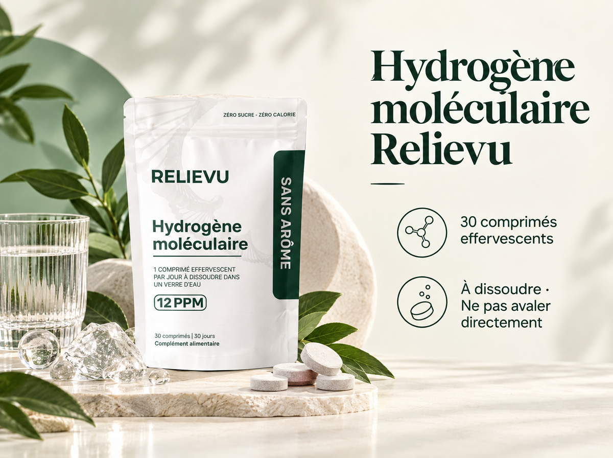 Hydrogène moléculaire 12 ppm — Hydrogène moléculaire Relievu ; 30 comprimés effervescents ; À dissoudre · Ne pas avaler directement