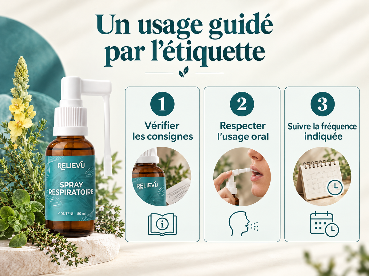 Spray molène, origan et thym — Un usage guidé par l’étiquette ; 1 · Vérifier les consignes ; 2 · Respecter l’usage oral ; 3 · Suivre la fréquence indiquée