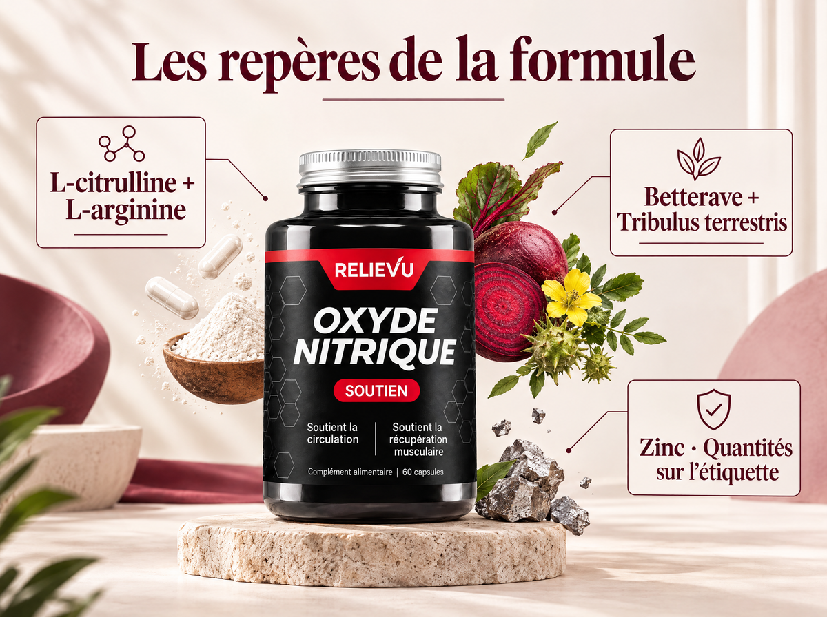 Complexe oxyde nitrique — Les repères de la formule ; L-citrulline + L-arginine ; Betterave + Tribulus terrestris ; Zinc · Quantités sur l’étiquette
