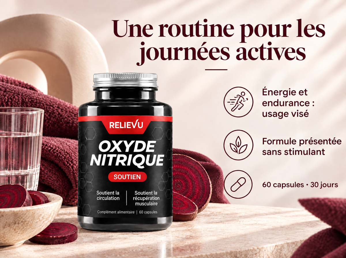 Complexe oxyde nitrique — Une routine pour les journées actives ; Énergie et endurance : usage visé ; Formule présentée sans stimulant ; 60 capsules · 30 jours