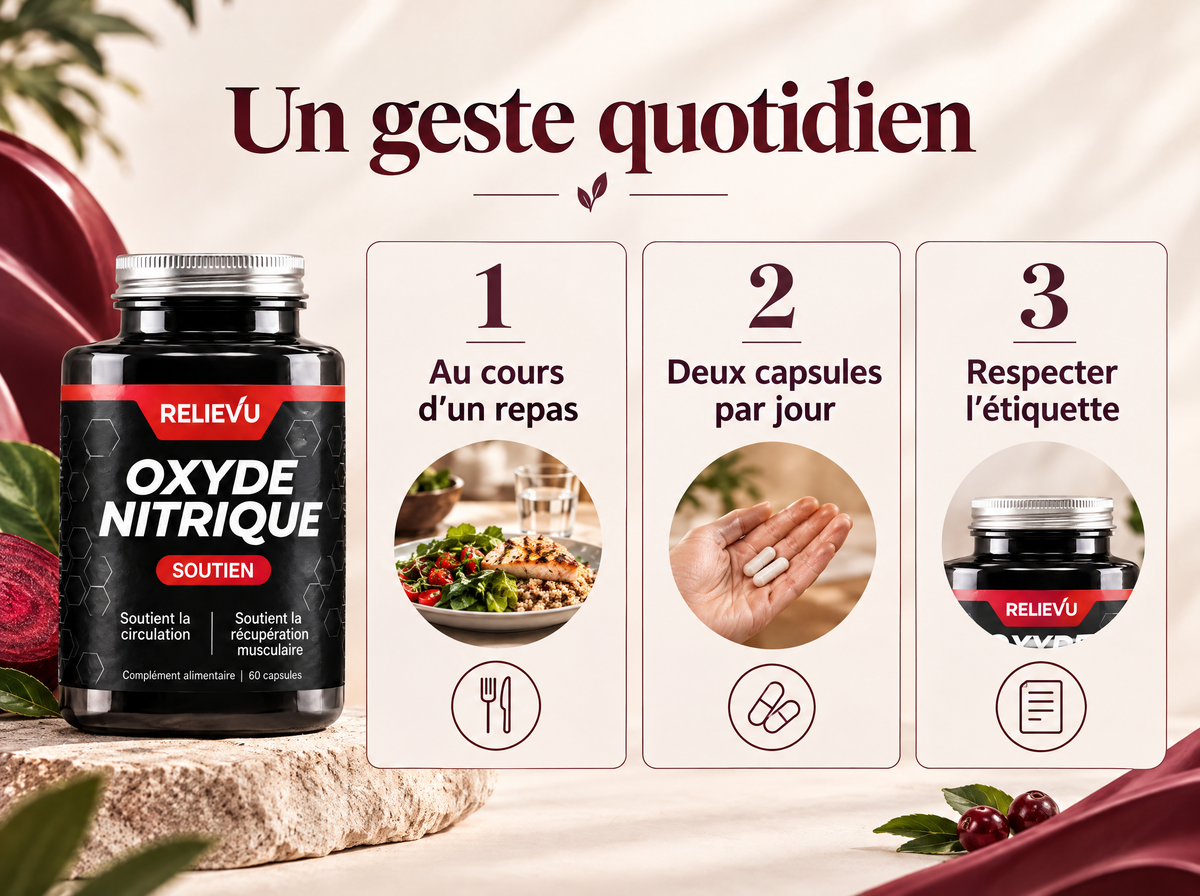 Complexe oxyde nitrique — Un geste quotidien ; 1 · Au cours d’un repas ; 2 · Deux capsules par jour ; 3 · Respecter l’étiquette
