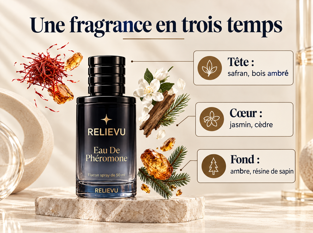 Eau de parfum aux phéromones — Une fragrance en trois temps ; Tête : safran, bois ambré ; Cœur : jasmin, cèdre ; Fond : ambre, résine de sapin
