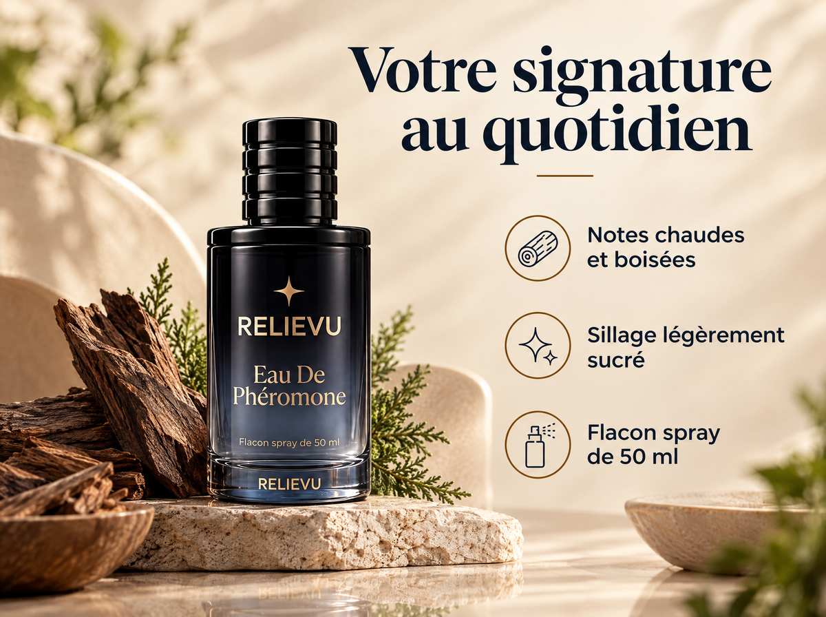Eau de parfum aux phéromones — Votre signature au quotidien ; Notes chaudes et boisées ; Sillage légèrement sucré ; Flacon spray de 50 ml