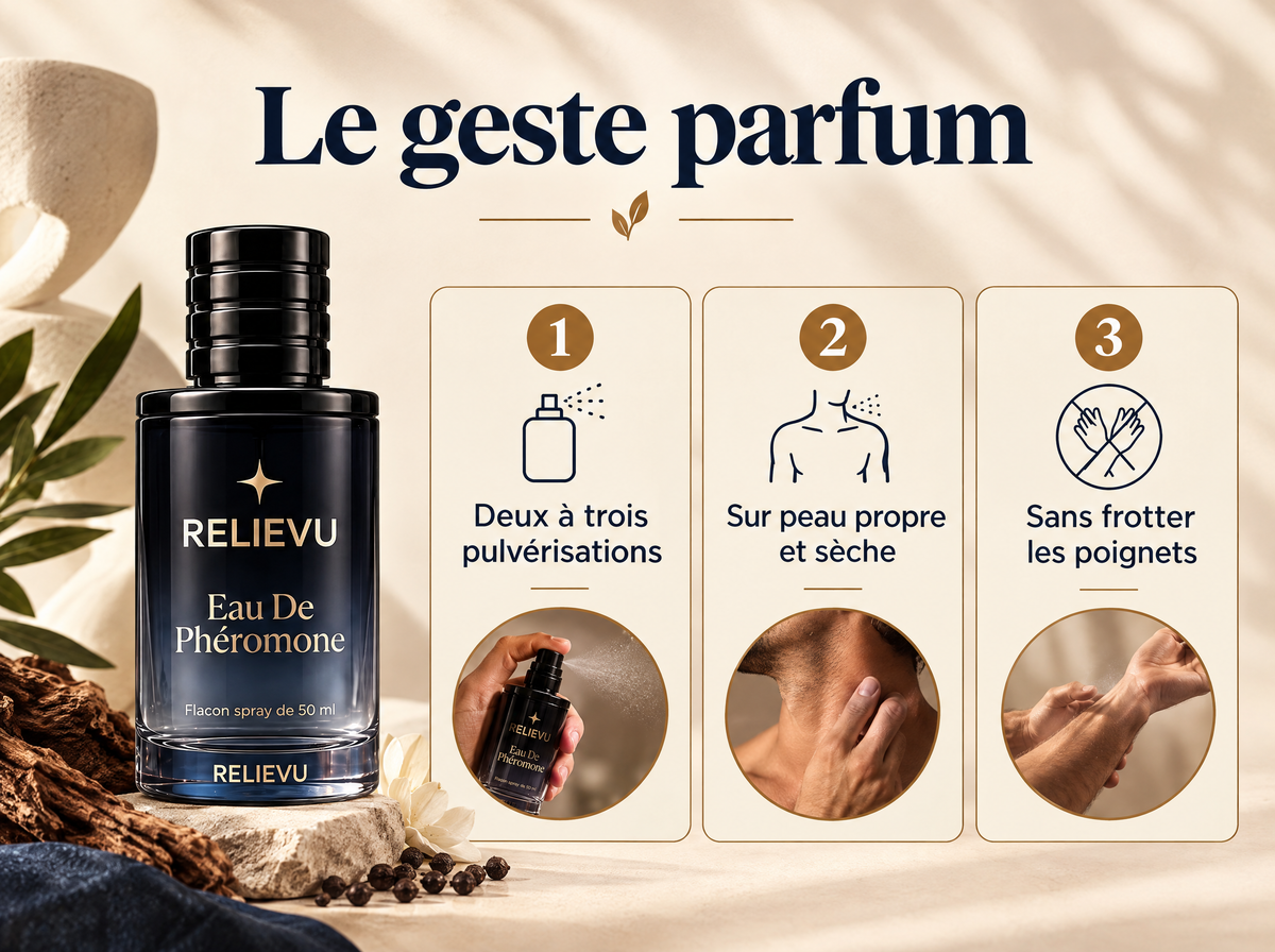 Eau de parfum aux phéromones — Le geste parfum ; 1 · Deux à trois pulvérisations ; 2 · Sur peau propre et sèche ; 3 · Sans frotter les poignets