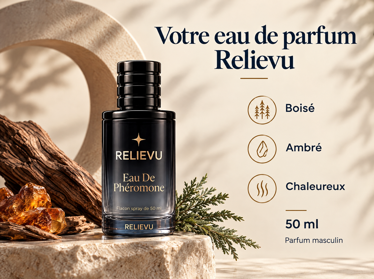 Eau de parfum aux phéromones — Votre eau de parfum Relievu ; 50 ml ; Boisé · Ambré · Chaleureux
